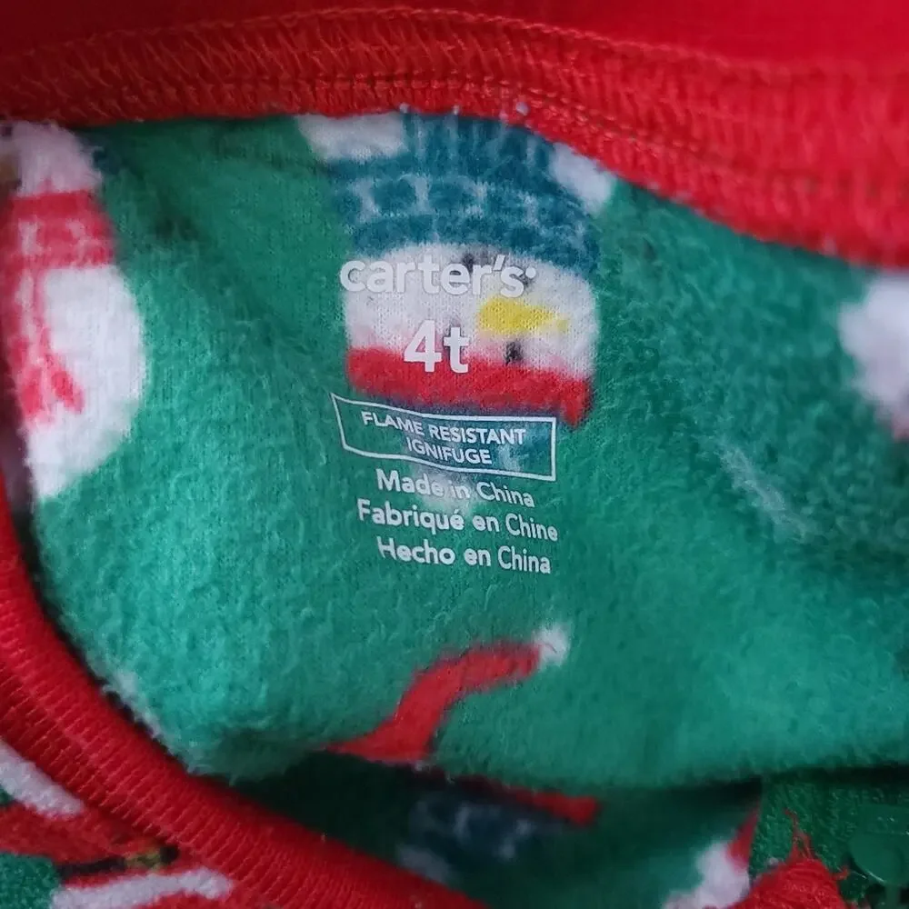 Carters Footed Pajamas 4T Snowman Santa Christmas Holiday Green Red PJs Unisex